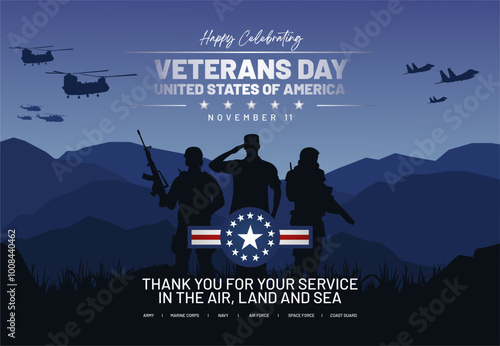 Happy veterans day 11th november 2024 celebration concept background. Dramatic view of US soldier salute over the beautiful valley. Best for veterans day celebration in the US Armed Force