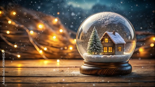 A miniature house nestled within a snow globe, illuminated by soft lights, evoking a cozy and enchanting winter wonderland.