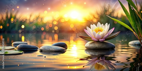 Serenity envelops the serene lake at sunset, with spa stones resting beside a delicate waterlily, embodying tranquil Zen in peaceful nature's embrace.