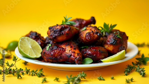 Jerk chicken on a yellow background. Caribbean food with a spicy taste.