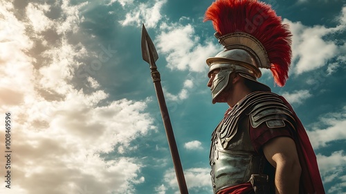 37. Roman centurion standing tall with a red plume helmet and spear