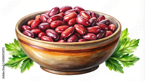 Colorful watercolor painting featuring vibrant red beans in a bowl with parsley. An inspiring piece for kitchen decor