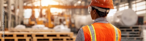 Worker in safety gear observing warehouse operations, professional environment.