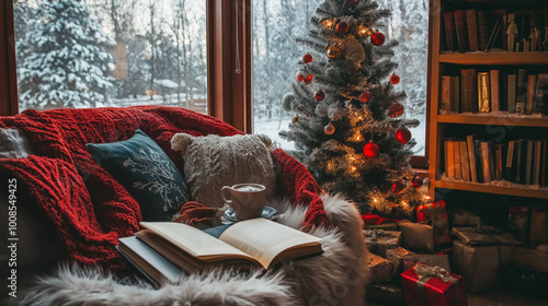 Cozy reading nook by the window with a holiday book and a festive tree during a snowy winter afternoon