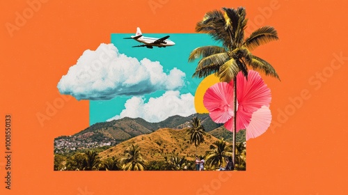 A vibrant collage showcasing tropical scenery with mountains, palm trees, clouds, and an airplane against an orange background.