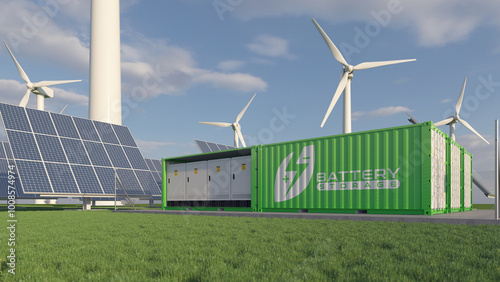 Solar farm and windmills, renewable battery storage. Realistic 3d render.