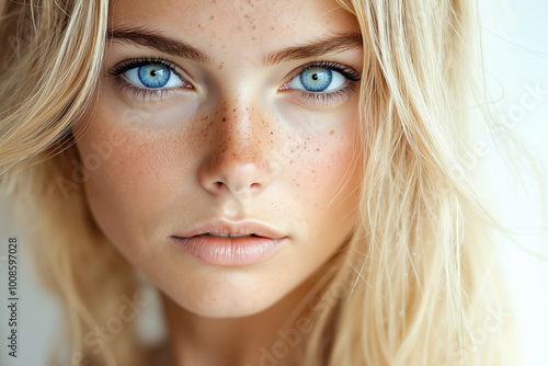 A woman with freckles on her face and blue eyes