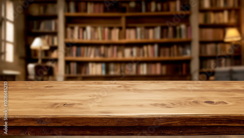 An old wooden table in front of bookshelves filled with books, blurred background