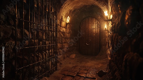 A dimly lit dungeon hallway featuring a wooden door and stone walls, creating an eerie atmosphere perfect for storytelling.