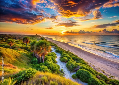 Serene Amelia Island Florida Coastal Landscape with Golden Sand Beaches and Lush Greenery at Sunset