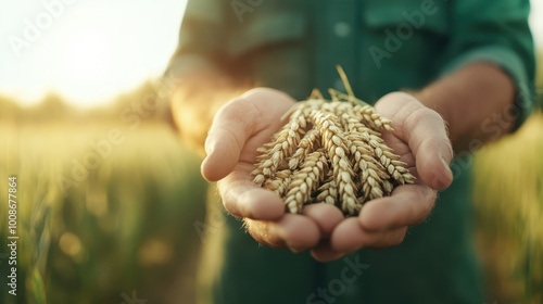 A closeup image depicting mature hands with calloused fingers gently holding a handful of dried wheat kernels against the golden backdrop of a wheat field.