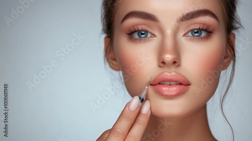 A beautiful young woman with a syringe in her hand, about to inject her lips.