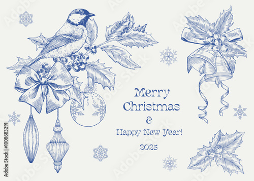 Toile art Merry Christmas and Happy new year background with tit bird on the holly twig, bells, bow, toys, snowflakes. Blue beige Hand drawn Vector illustration for design greeting card, holiday decor