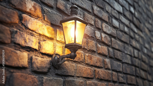 Quaint Alley Ambiance: Gas Light Glowing on a Brick Wall