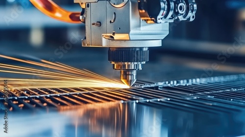 Trabajador con gafas de protección ajustando una máquina de corte con láser en un taller de metalurgia. La imagen muestra el rayo láser cortando con precisión una lámina de acero