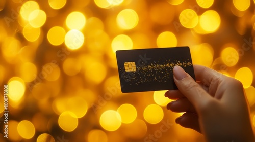 A hand holding a black credit card against a luxury gold background, financial growth and advancement, privileges and exclusive accommodations