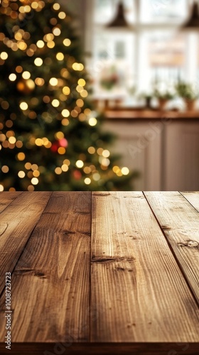 Rustic wooden table in foreground with blurred Christmas tree lights and cozy kitchen window scene, creating warm holiday atmosphere perfect for festive displays.