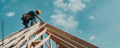 Carpenter working on roof structure at construction site worker framework clothing.