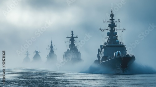 Military warships navigate through fog. Illustrate a powerful and mysterious navy presence.