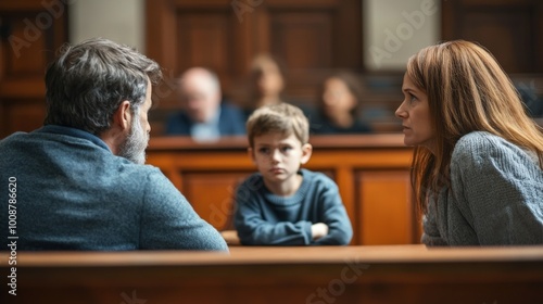 In a crowded courtroom, parents intensely argue about child custody while their young son, visibly anxious, sits between them, absorbing the tension of the situation