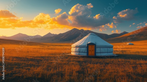 Kazakh steppe on the background of a yurt and small mountains.