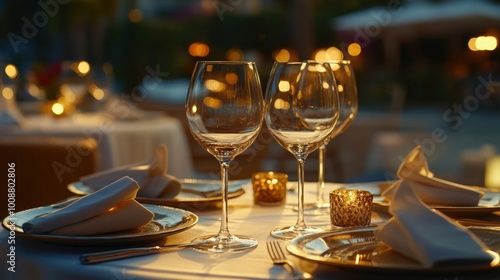 Elegant dining table set with wine glasses and candles at a romantic evening venue