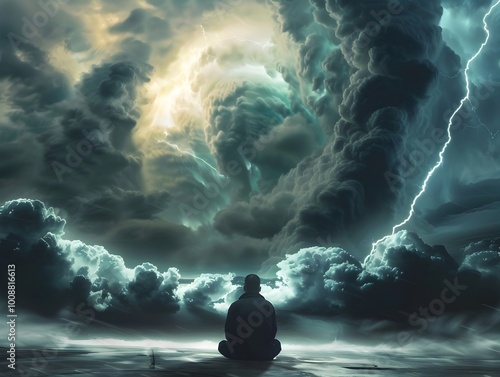 Solitary figure prays amidst ominous stormy skies hinting at impending doom