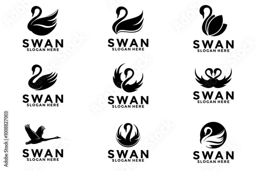 Swan Set logo Template vector illustration design, Swan silhouette logo icon collections