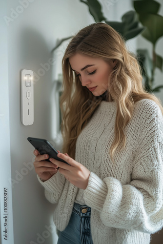 woman control temperature at home with cellphone and touchscreen panel