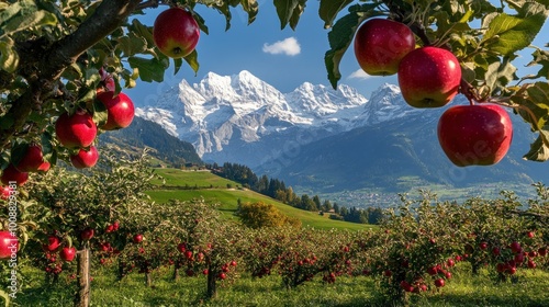 Apple Orchard with Snow-capped Mountains in the Background