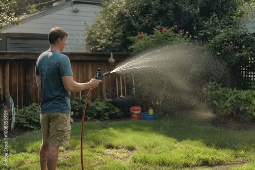 Man waters lawn with hose in backyard. Adult caucasian male tends to garden with irrigation equipment. Fresh green grass. Gardener uses plastic hose to pour water on lawn.