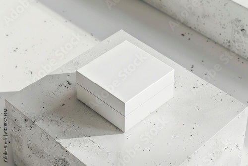 White closed jewelry box mockup windowsill furniture tabletop.