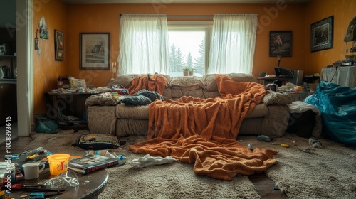 Sala de estar desordenada con objetos dispersos y muebles antiguos. Un interior real que crea una atmósfera de descuido y caos.