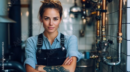 Confident female barista in coffee shop. Studio portrait with industrial background