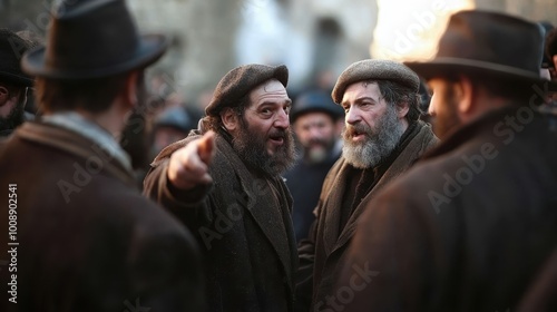 A group of men in period attire engage in animated conversation, surrounded by an atmospheric historical setting, capturing a lively and communal spirit of the past.