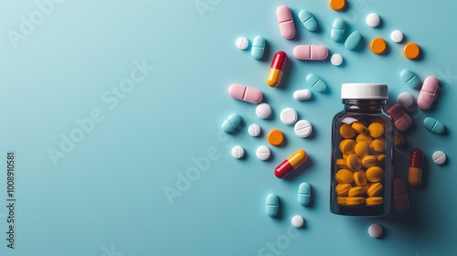 Top view of medicine bottle with scattered pills on colorful background. Empty jar, medication, treatment, therapy, remedy, flat lay composition, copy space for text. Medicine, health, pharmacy,