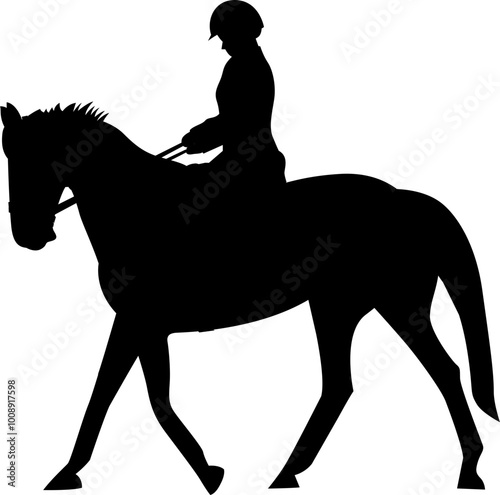 Silhouette of person riding horse. Equestrian sport. Training horseback ride. Professional equestrian competition, dressage performance. Jockey on horse. Champion. 