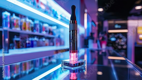 A close-up of a modern vape device illuminated with colorful LED lights on a reflective surface in a stylish vape shop.