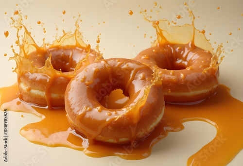 Three delicious donuts splashing in caramel glaze create mouthwatering scene. rich, golden caramel enhances visual appeal, making it irresistible