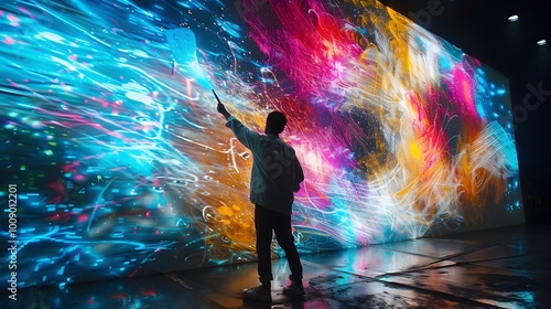 Holographic Paints Glowing Brushstrokes of Light in Futuristic Multimedia Interface