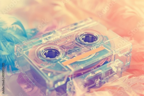 Transparent retro cassette on colorful feathers in soft light. Ideal for retro-themed designs or nostalgic marketing visuals.