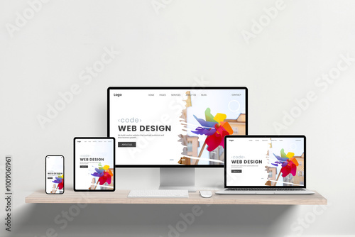 Responsive web design studio page displayed across laptop, phone, tablet, and computer on office desk. Showcasing cross-device functionality and modern presentation for professional web development