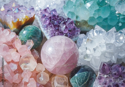 Colorful assortment of crystals and gemstones on a light background, featuring various shapes and colors, including pink, purple, and green hues