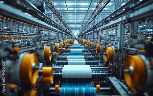 Textile Factory with Rows of Weaving Machines and Colorful Threads