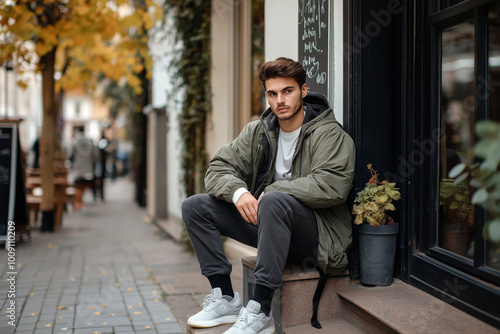 Young man in an oversized jacket and joggers sitting on a curb near a fashionable cafe.