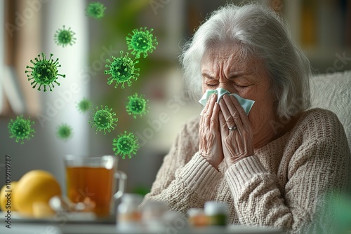 Cold. Portrait of a sad old woman, runny nose. An elderly woman has the flu and sneezes from a seasonal viral problem. Fever and cold in elderly with flu