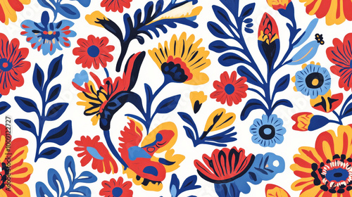 Vibrant seamless floral pattern with bold colorful flowers and leaves