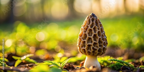 Edible morel mushroom silhouette against the sky in the spring