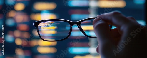 A person removing their bifocals while working at a computer