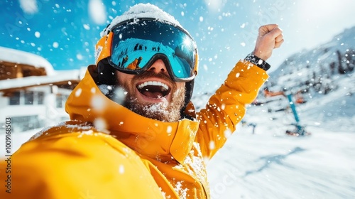 A delighted man in a bright orange jacket and ski goggles celebrates in the snowy outdoors, basking in the joy of skiing and winter sports on a vibrant sunny day.